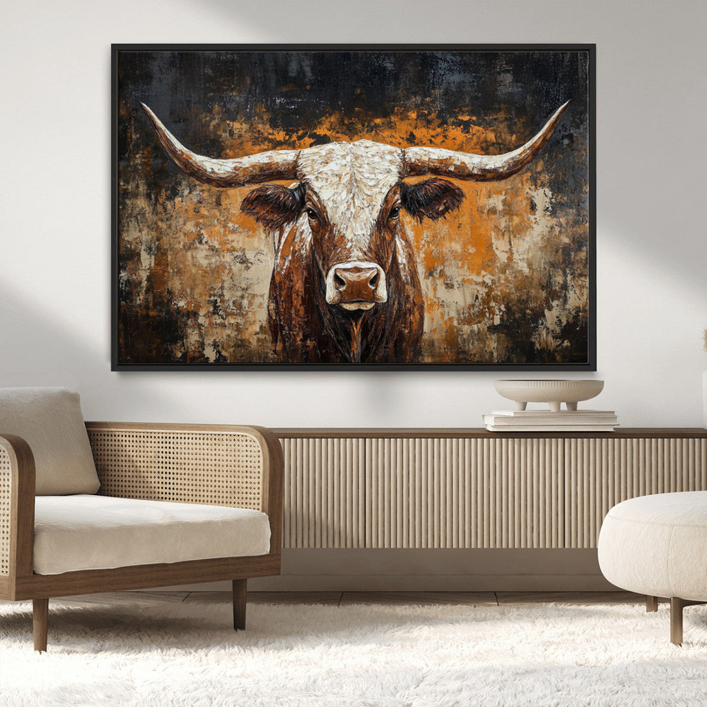 Abstract Longhorn Bull Wall Art Canvas Print, Vintage Western Texas Steer Artwork