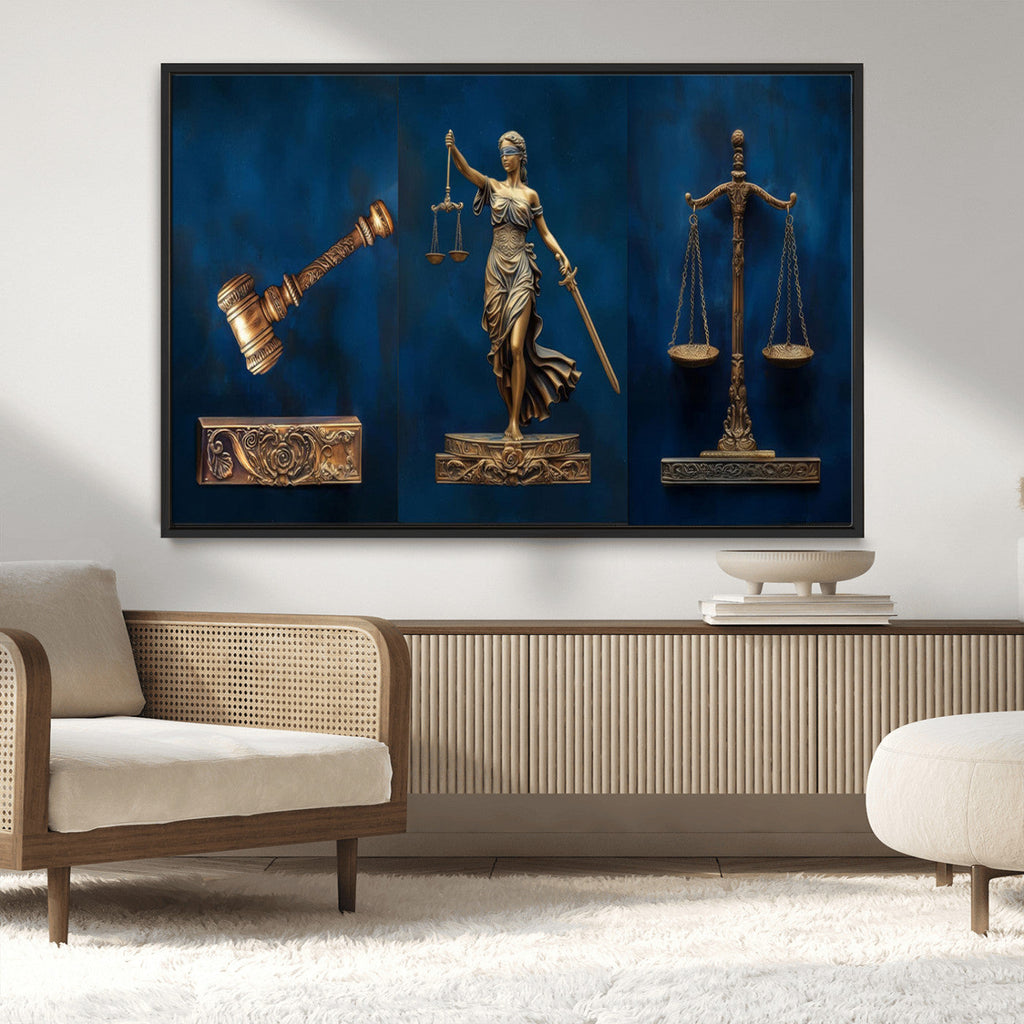 Lady Justice Wall Art Canvas Print, Elegant Gold Legal Symbols on Blue, Law Office Decor