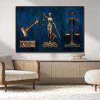 Lady Justice Wall Art Canvas Print, Elegant Gold Legal Symbols on Blue, Law Office Decor