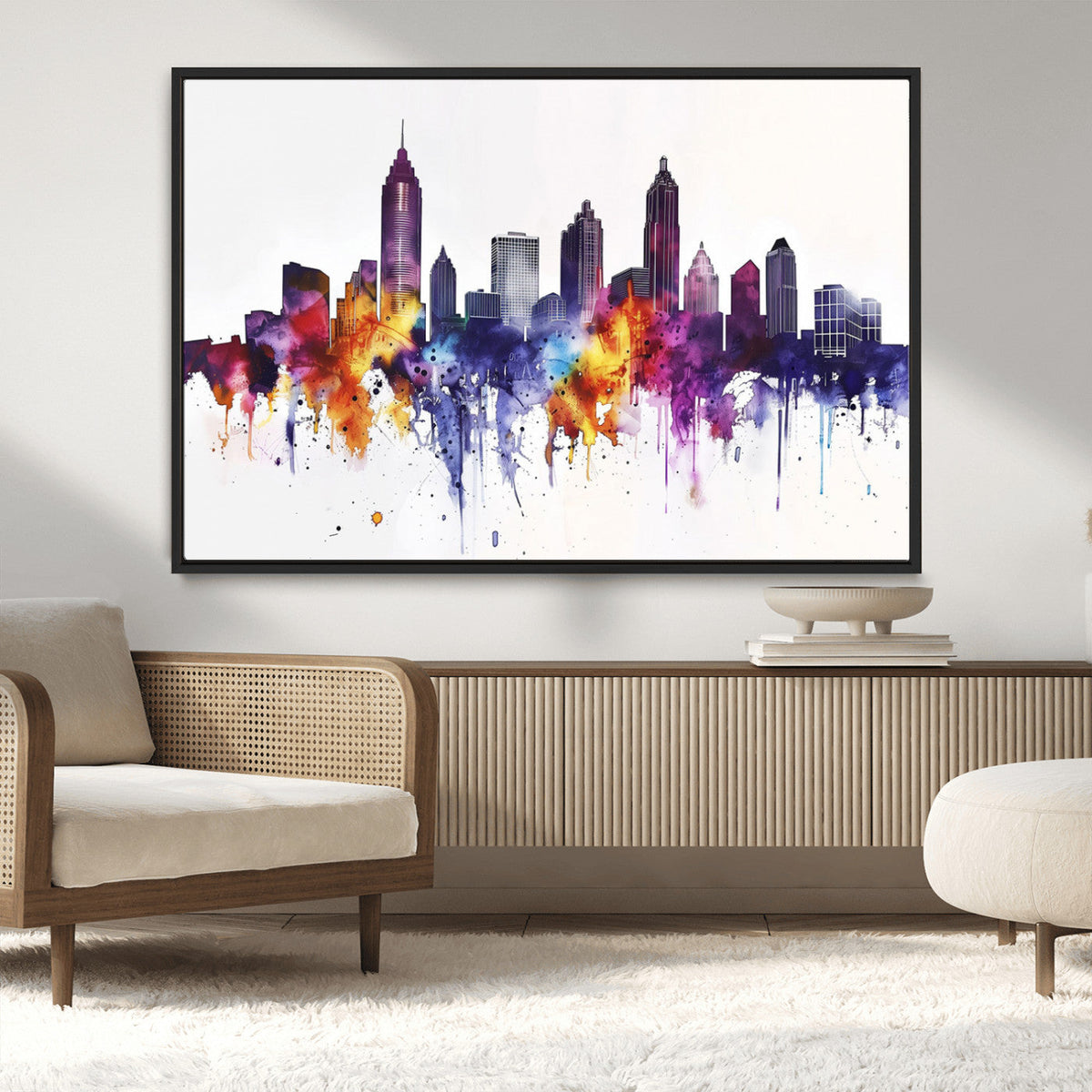 Atlanta Skyline Wall Art Canvas Print, Framed Colorful Watercolor Cityscape