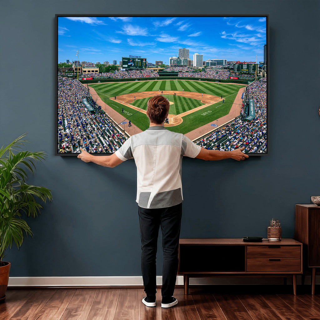 Wrigley Field Baseball Stadium Canvas Wall Art, Packed Crowd and Chicago Skyline