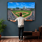 Wrigley Field Baseball Stadium Canvas Wall Art, Packed Crowd and Chicago Skyline