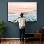 Sunset Surfing Wall Art Canvas Print, Ocean Wave Surfer with Golden Sky