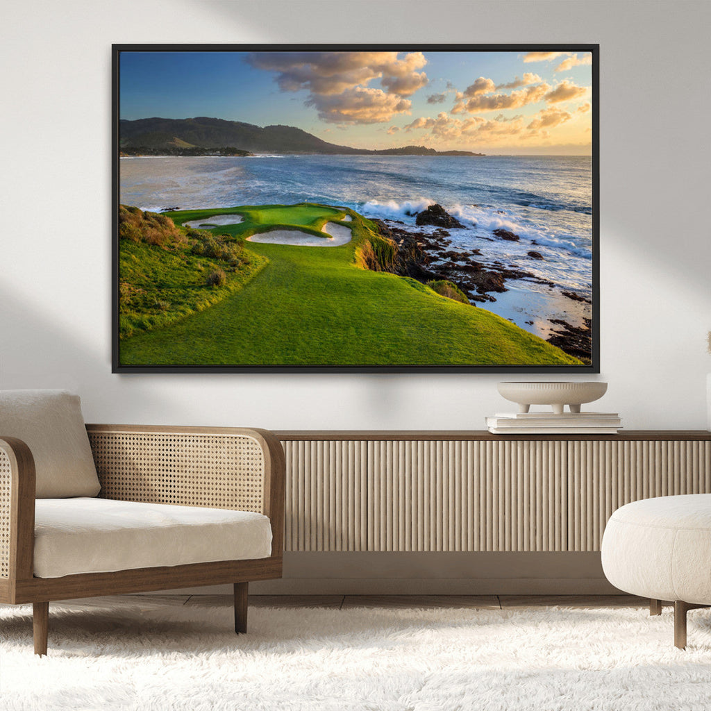 Coastal Golf Course Wall Art Canvas Print, Sunset with Rolling Green Fairways and Ocean Waves