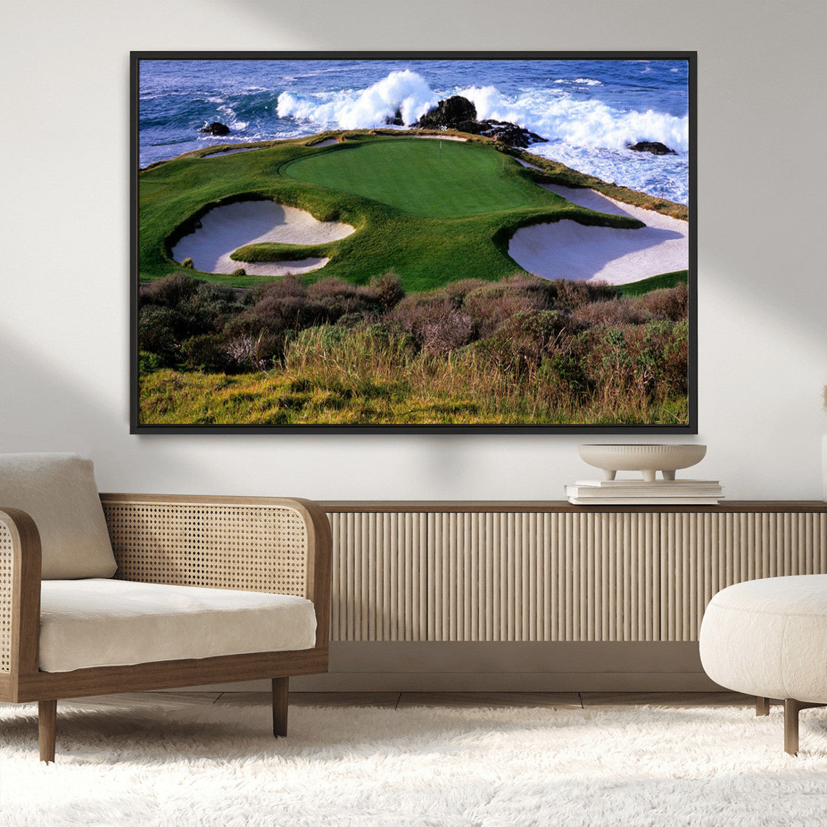 Ocean Cliff Golf Course Wall Art Canvas Print, Waves Crashing, Coastal Golf Landscape