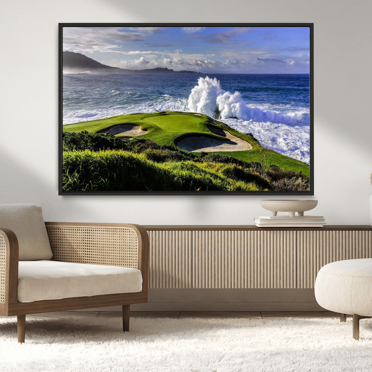 Ocean Waves Crashing Wall Art Canvas Print, Dramatic Rocky Coastline Near a Golf Course