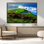 Coastal Golf Course Wall Art Canvas Print, Vibrant Green with Sand Bunkers and Ocean Waves