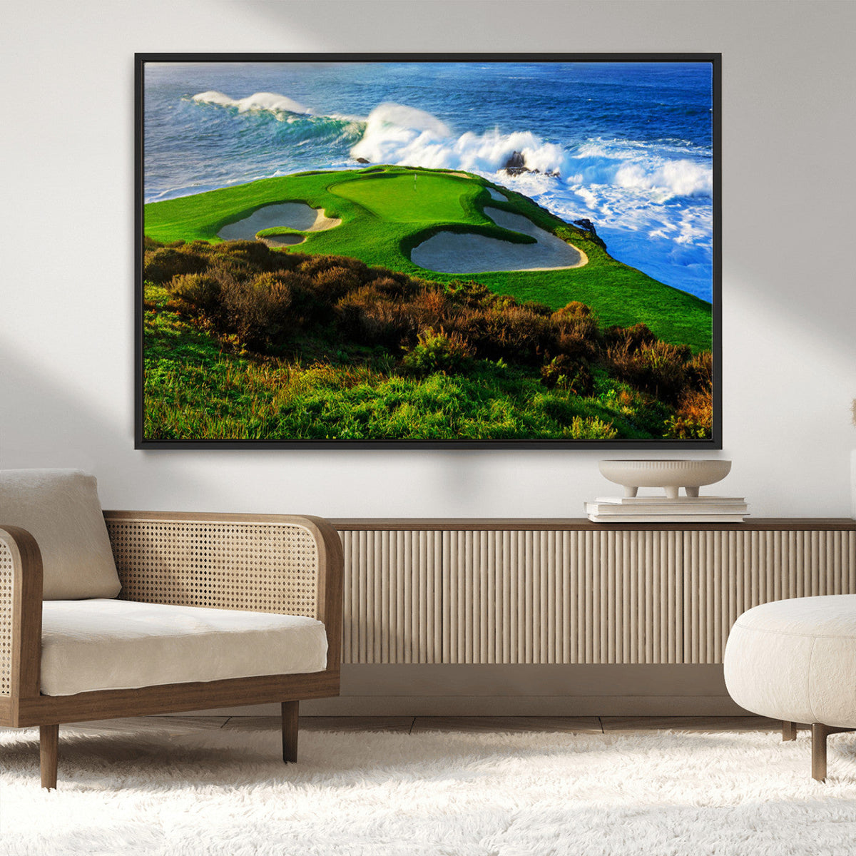 Coastal Golf Course Wall Art Canvas Print, Vibrant Green with Sand Bunkers and Ocean Waves