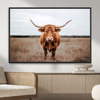 Longhorn Bull Wall Art Canvas Print, Framed Rustic Decor
