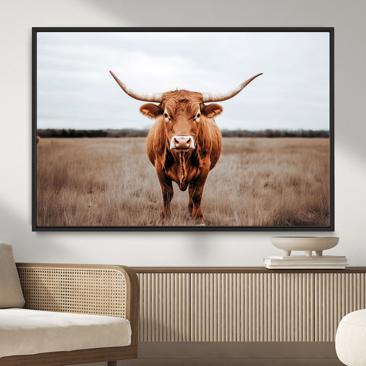 Longhorn Bull Wall Art Canvas Print, Framed Rustic Decor