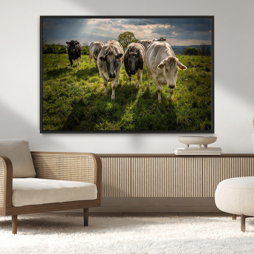 Grazing Cattle Herd Wall Art Canvas Print, Framed Green Pasture Farm Scene