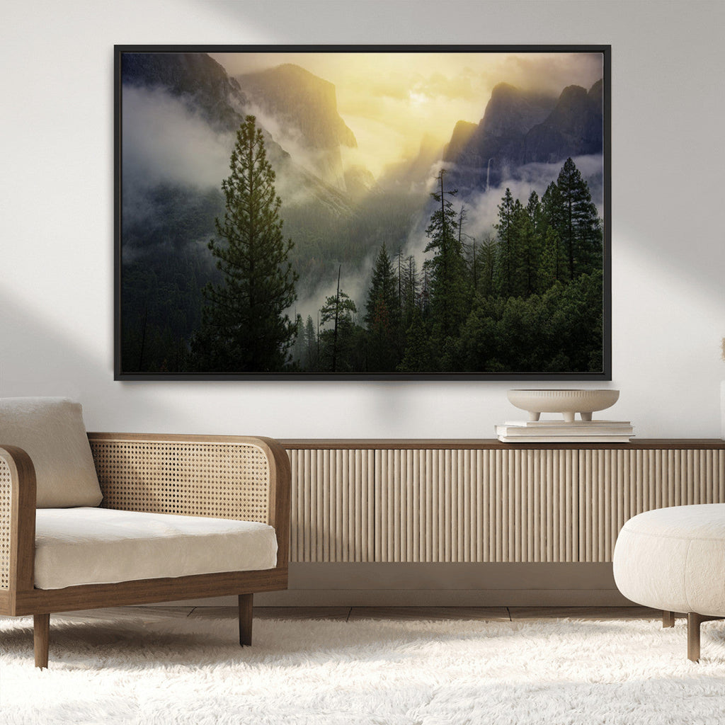 Misty Forest Sunrise Wall Art Canvas Print, Framed Mountain Valley Pine Trees