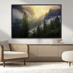 Misty Forest Sunrise Wall Art Canvas Print, Framed Mountain Valley Pine Trees