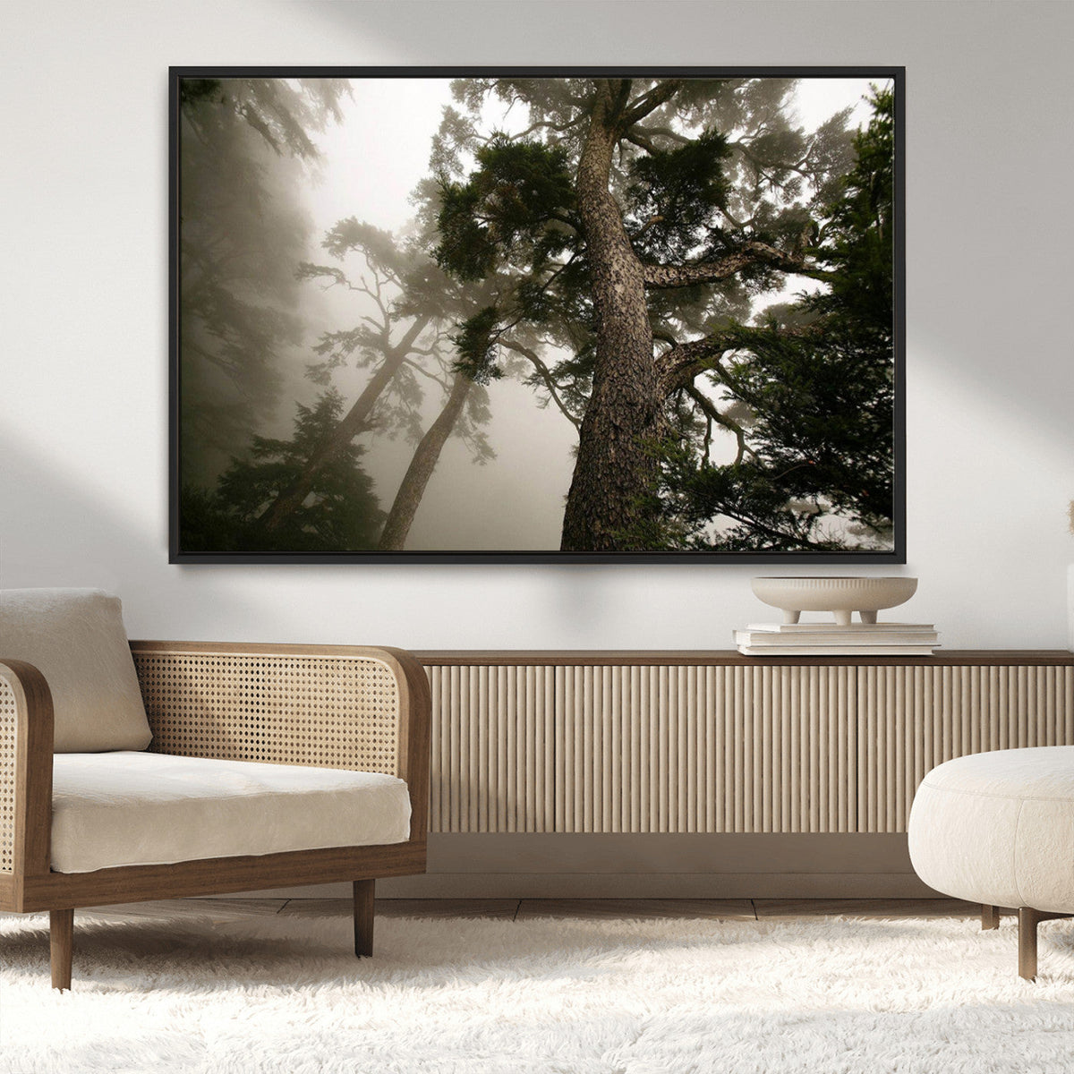 Misty Forest Wall Art Canvas Print, Framed Tall Trees in Foggy Atmosphere