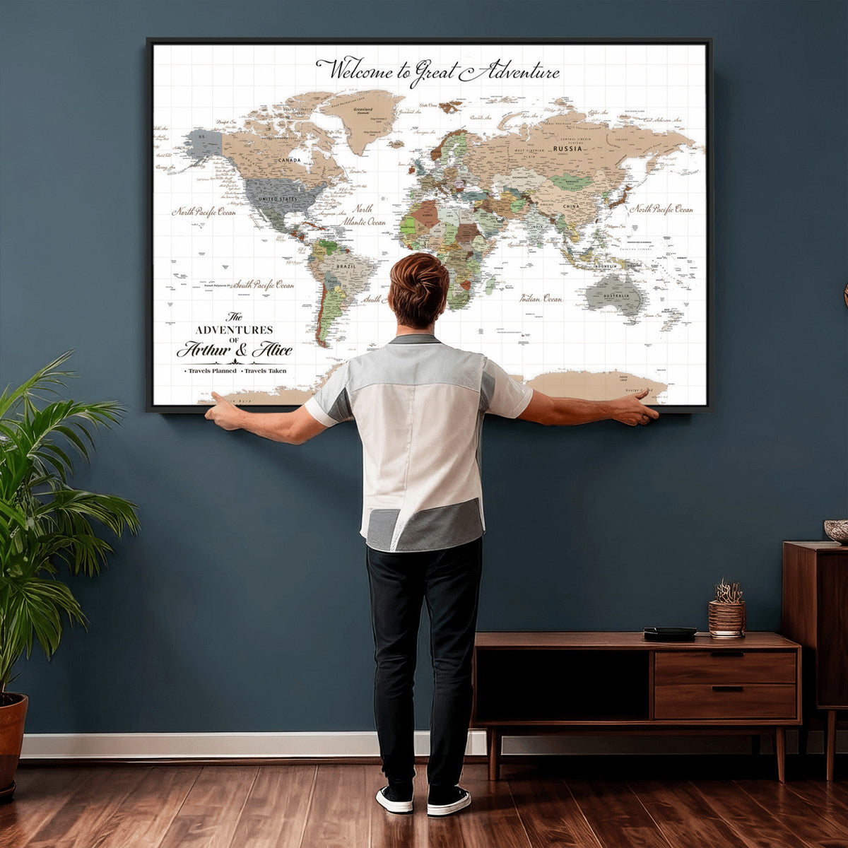Custom Beige Push Pin World Map Wall Art, Bucket List Map, Study and Hallway Decor