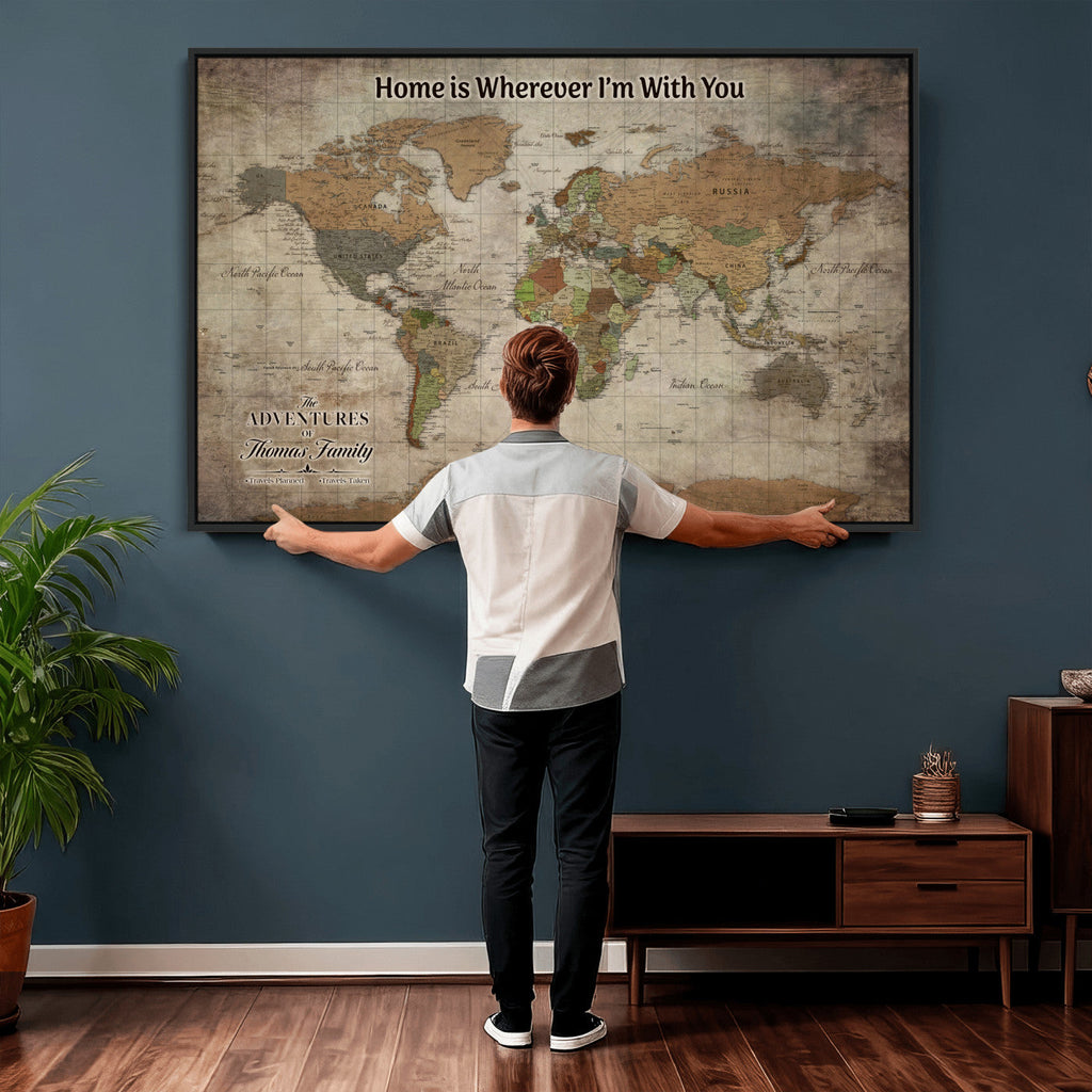 Personalized Beige Geometric World Map Canvas with Push Pins, Next Trip Planner Map, Study and Entryway Decor
