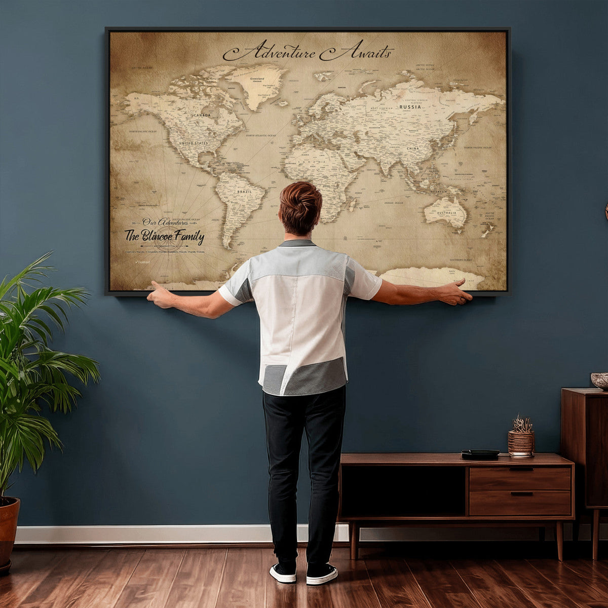 Personalized Black Modern Push Pin World Map Wall Art, Places Visited Tracker, Family Room and Bedroom Decor