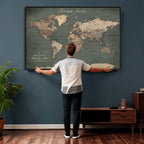 Personalized Framed Beige Modern World Map Canvas with Push Pins, Bucket List Map, Family Room and Dining Room Decor