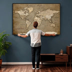 Custom Beige Modern Push Pin World Map Canvas Print, Family Travel Tracker, Dining Room and Home Office Decor