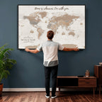 Personalized Beige Geometric Push Pin World Map Canvas Print, Countries Visited Map, Study and Home Office Decor