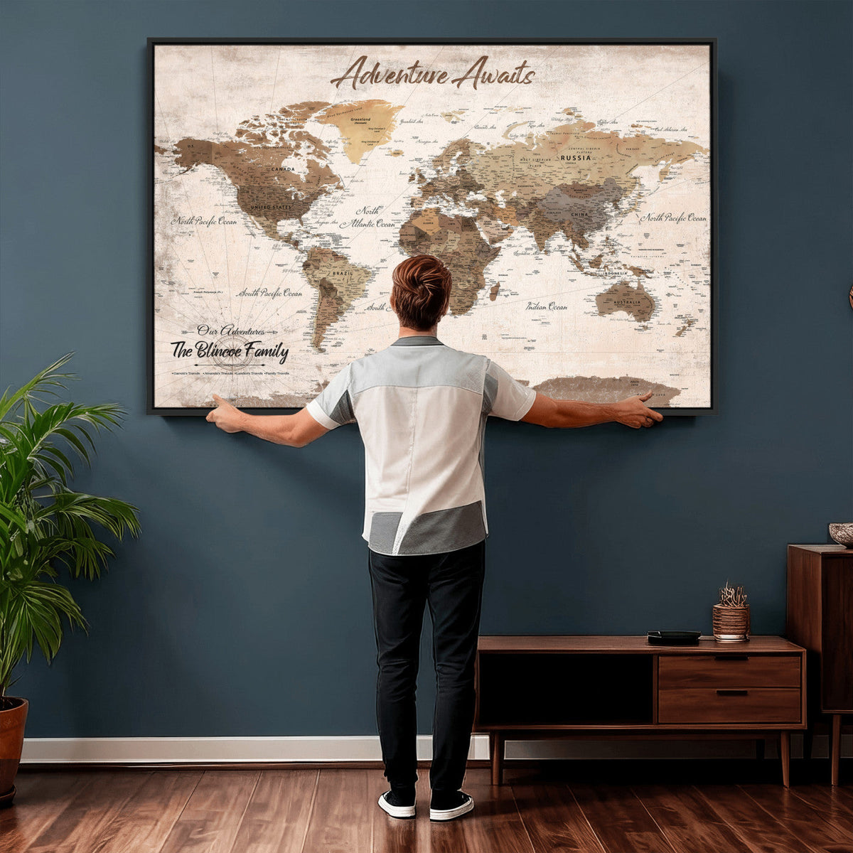 Custom Push Pin World Map Wall Art Canvas Print | Personalized Travel Tracker