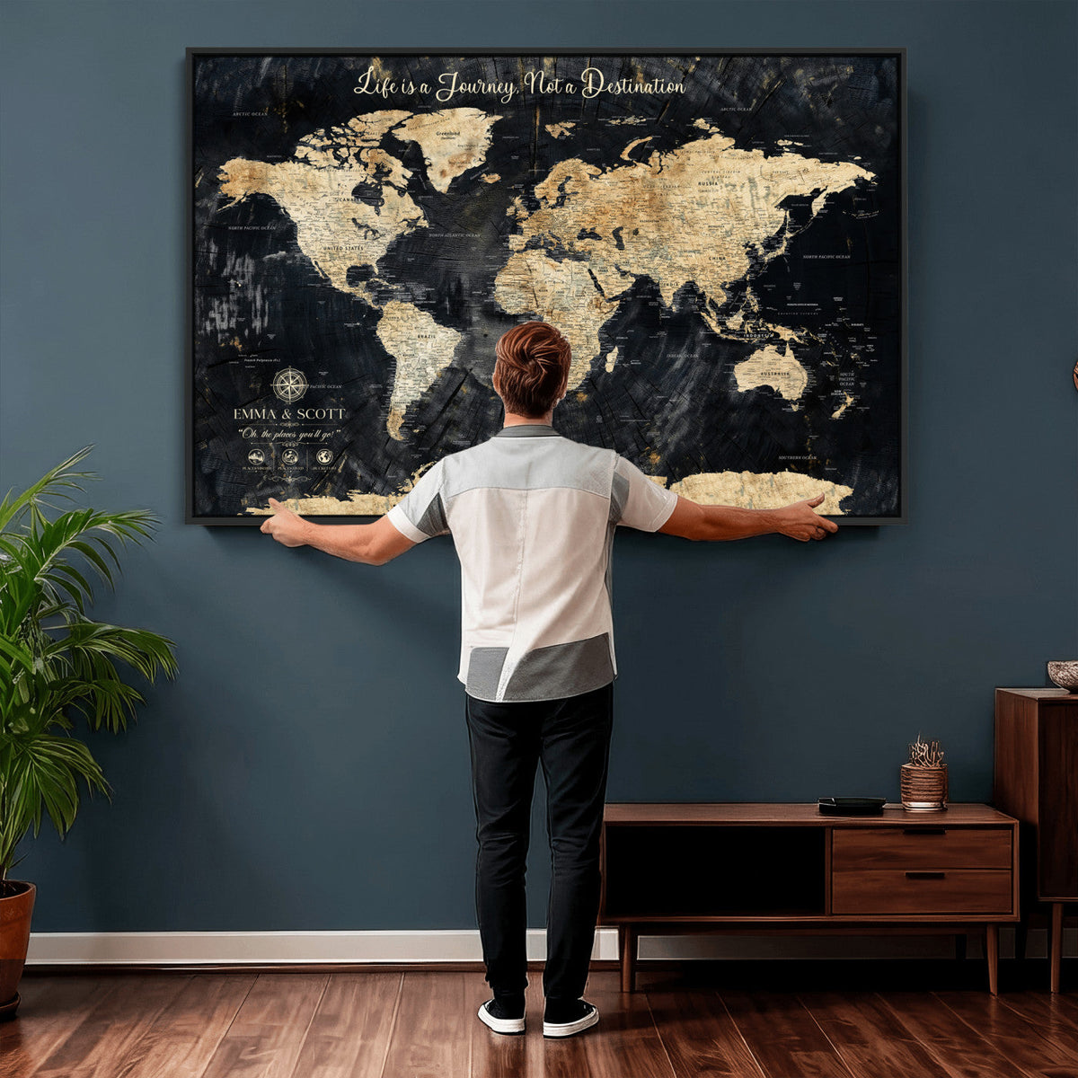 Personalized Framed Beige Push Pin World Map Wall Art, Bucket List Map, Living Room and Dining Room Decor