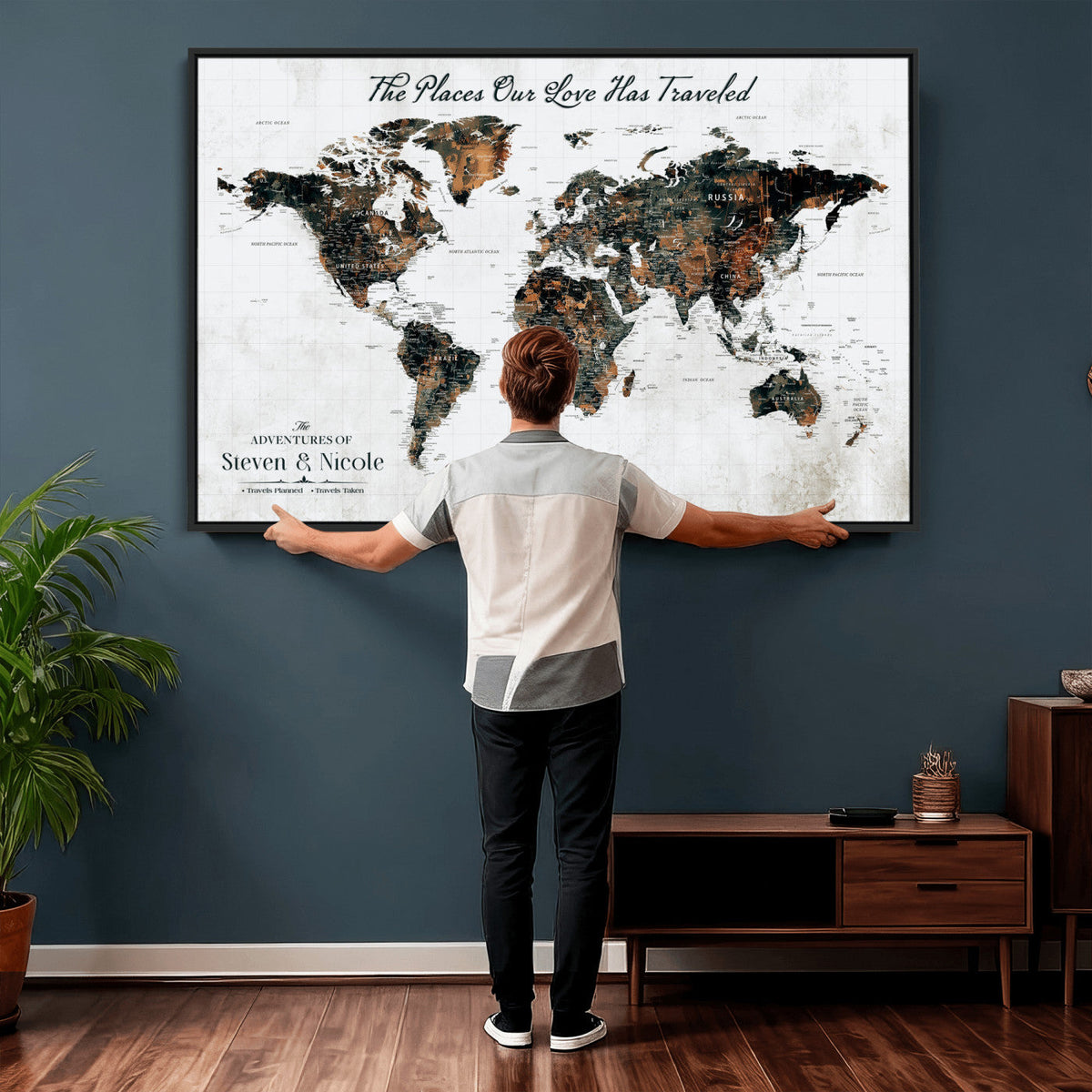 Custom Navy Geometric Push Pin World Map Canvas Print, Bucket List Map, Living Room and Home Office Decor