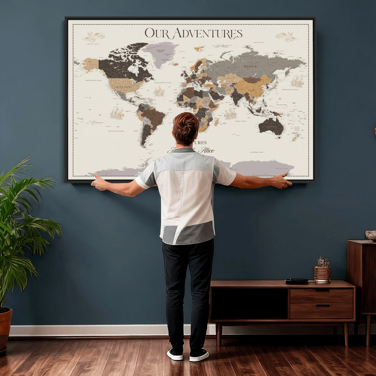 Personalized Travel Tracker Map with Pins, Framed World Map for Home and Office