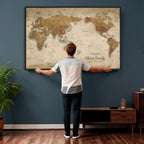 Personalized Framed Navy Modern World Map Canvas with Push Pins, Bucket List Map, Living Room and Entryway Decor