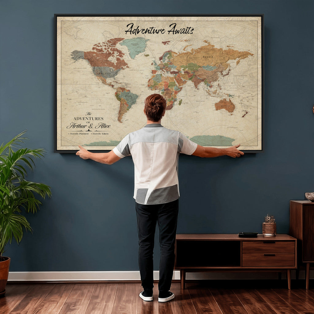 Custom Beige Push Pin World Map Canvas Print, Next Trip Planner Map, Family Room and Study Decor