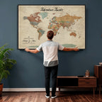 Custom Beige Push Pin World Map Canvas Print, Next Trip Planner Map, Family Room and Study Decor
