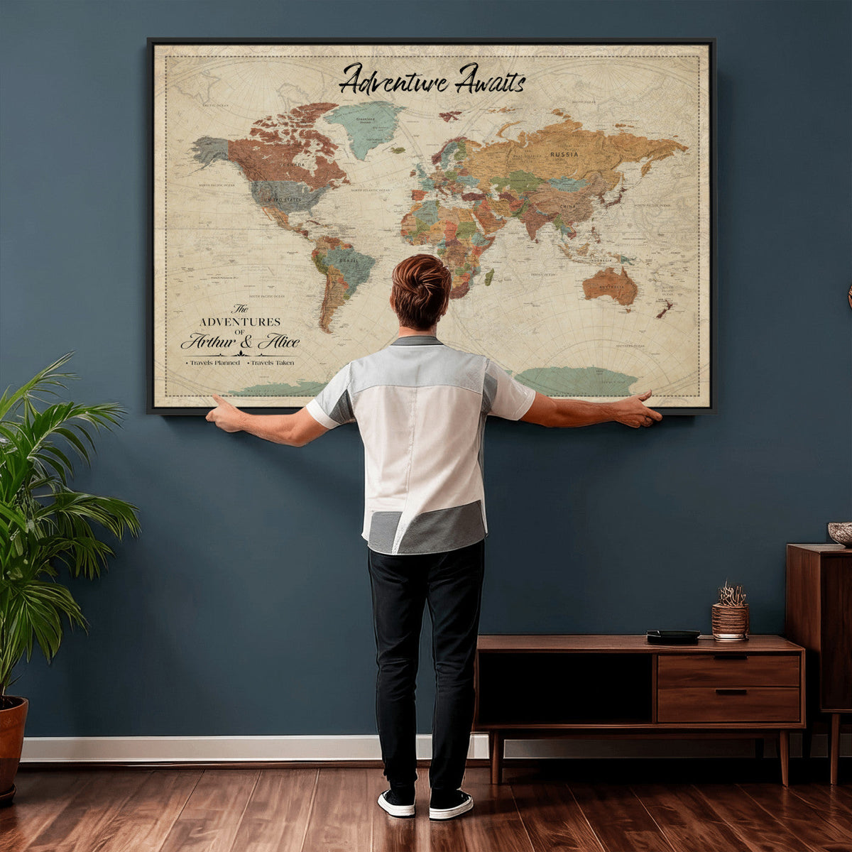 Custom Beige Push Pin World Map Canvas Print, Next Trip Planner Map, Family Room and Study Decor