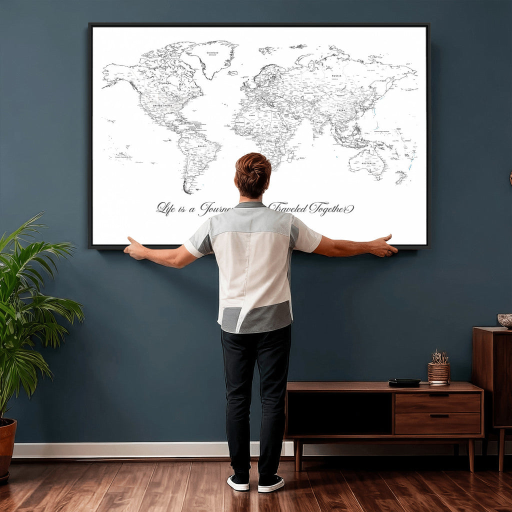 Personalized Framed Beige Modern Push Pin Travel Map Canvas Print, Couples Countries Visited Map, Living Room and Family Room Decor