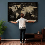 Personalized Framed Black Modern World Map Canvas with Push Pins, Next Trip Planner Map, Dining Room and Home Office Decor