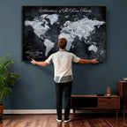 Personalized Framed Beige Modern Push Pin World Map Wall Art, Places Visited Tracker, Family Room and Dining Room Decor