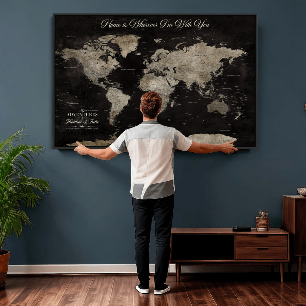 Personalized Framed Black Geometric World Map Canvas with Push Pins, Bucket List Map, Living Room and Dining Room Decor