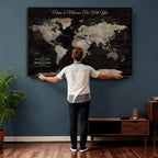 Personalized Framed Black Geometric World Map Canvas with Push Pins, Bucket List Map, Living Room and Dining Room Decor