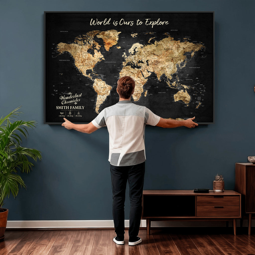 Personalized Framed Black Beige Modern World Travel Map Wall Art with Pins, Bucket List Map, Living Room and Hallway Decor