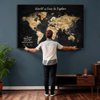 Personalized Framed Black Beige Modern World Travel Map Wall Art with Pins, Bucket List Map, Living Room and Hallway Decor