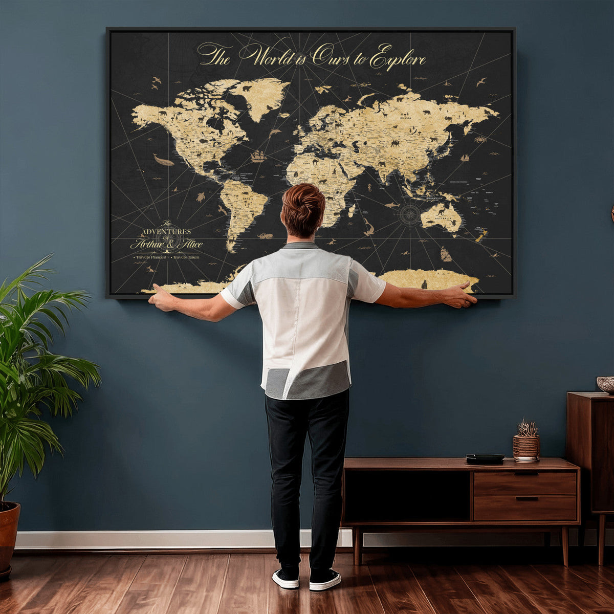 Custom Push Pin World Map Canvas Print, Couples Countries Visited Map, Living Room and Home Office Decor