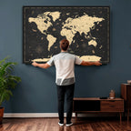 Personalized Beige Push Pin World Map Canvas Print, Places Visited Tracker, Home Office and Study Decor
