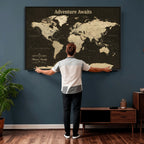 Custom Beige Push Pin World Map Wall Art, Next Trip Planner Map, Living Room and Home Office Decor