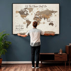 Custom Beige World Travel Map Wall Art with Pins, Couples Countries Visited Map, Living Room and Study Decor