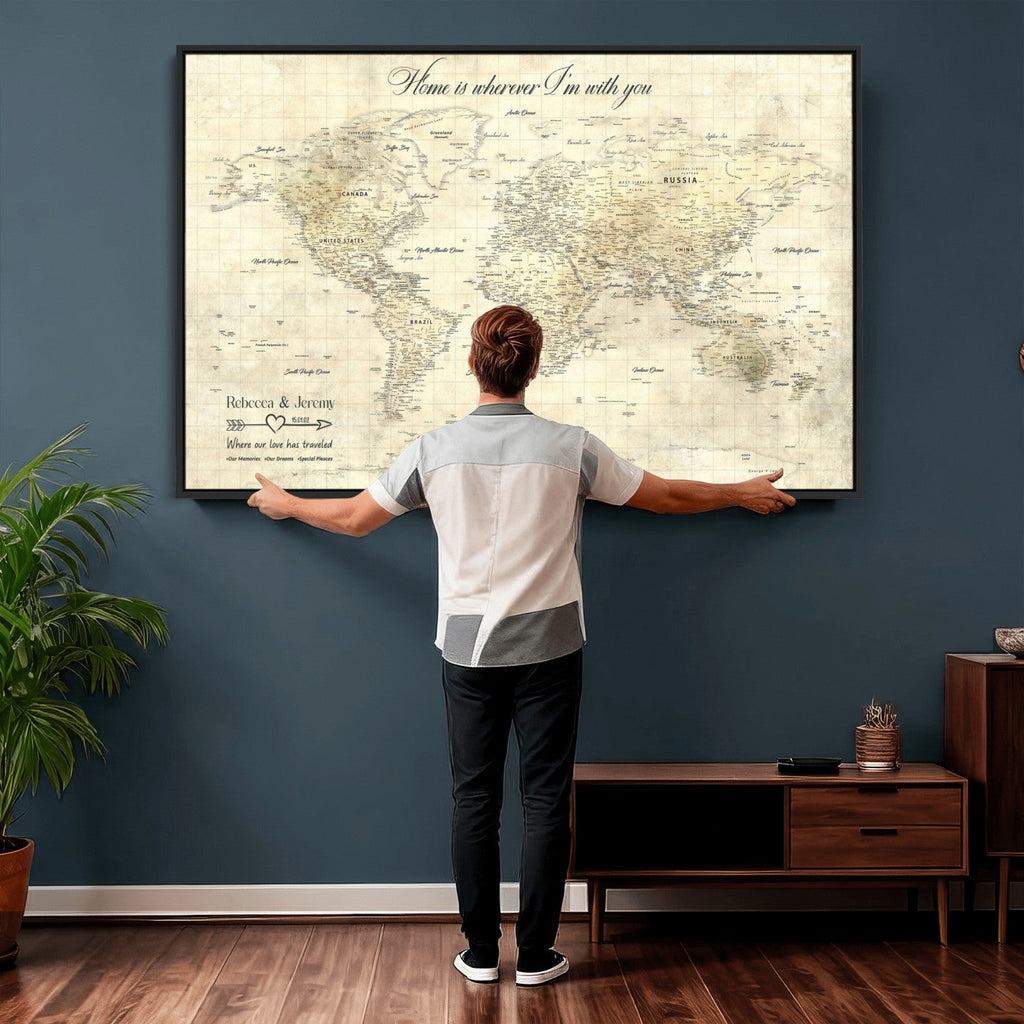 Personalized Beige Modern Push Pin World Map Wall Art, Honeymoon and Anniversary Gift, Bedroom and Study Decor