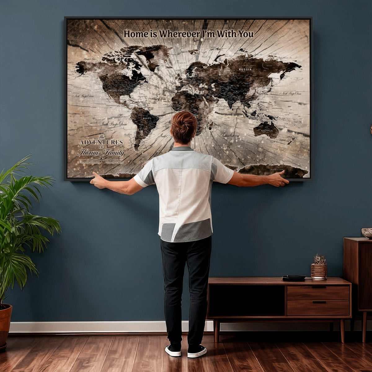 Personalized Push Pin World Map Wall Art Canvas Print, Customizable Framed Travel Map - NEWMAP-085