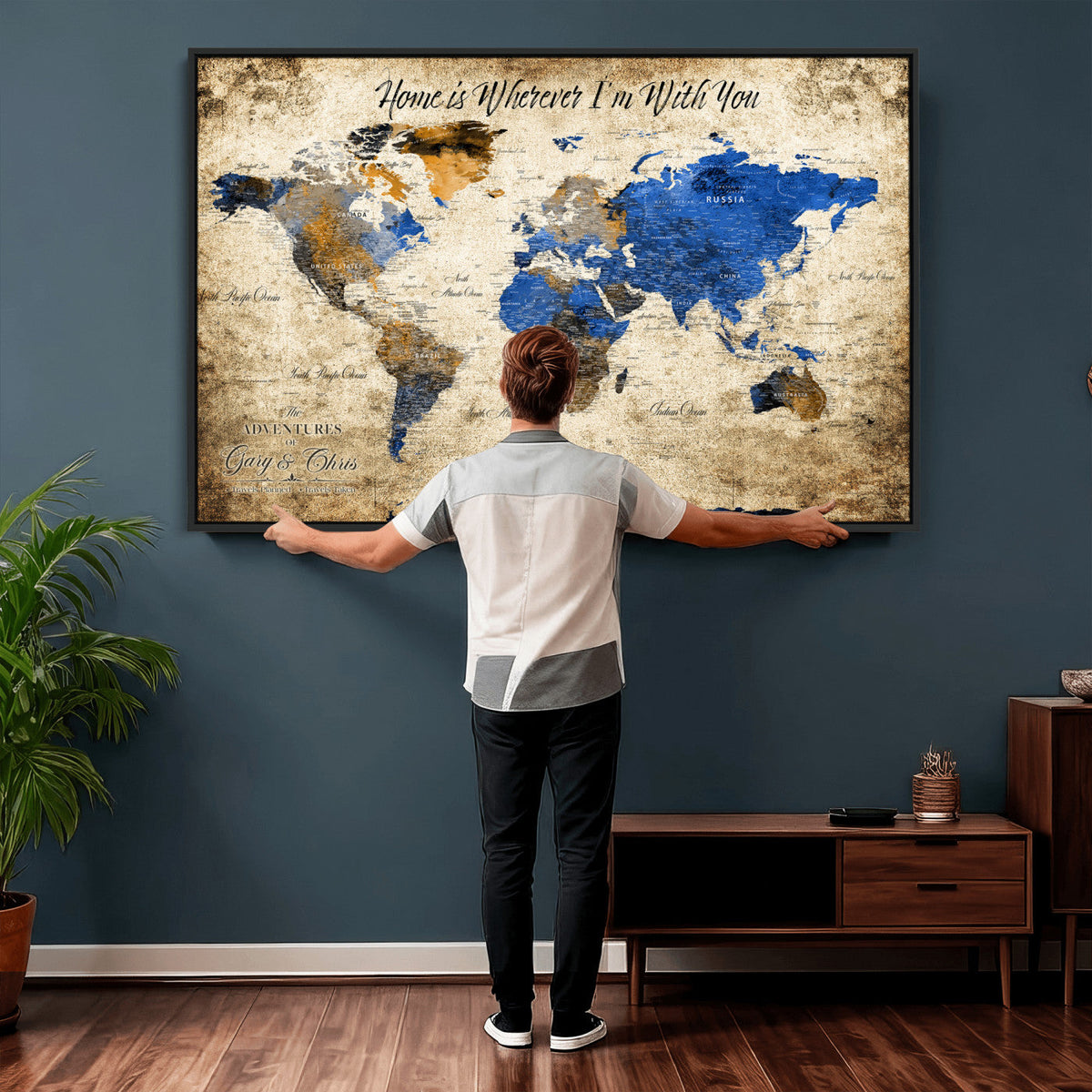Personalized Framed Beige World Map Canvas with Push Pins, Honeymoon and Anniversary Gift, Living Room and Home Office Decor