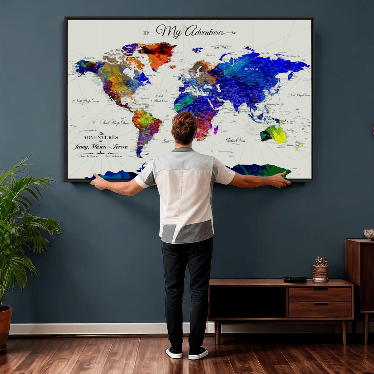 Detailed Custom Framed Beige Modern World Map Canvas with Push Pins, Honeymoon and Anniversary Gift, Dining Room and Home Office Decor