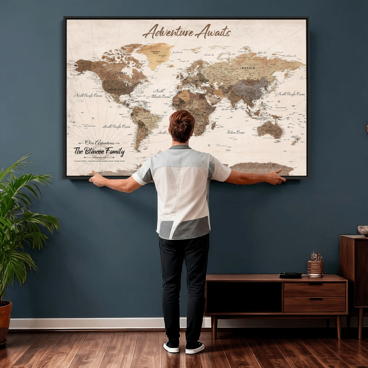 Personalized Framed White Modern Push Pin Travel Map Canvas Print, Bucket List Map, Dining Room and Study Decor