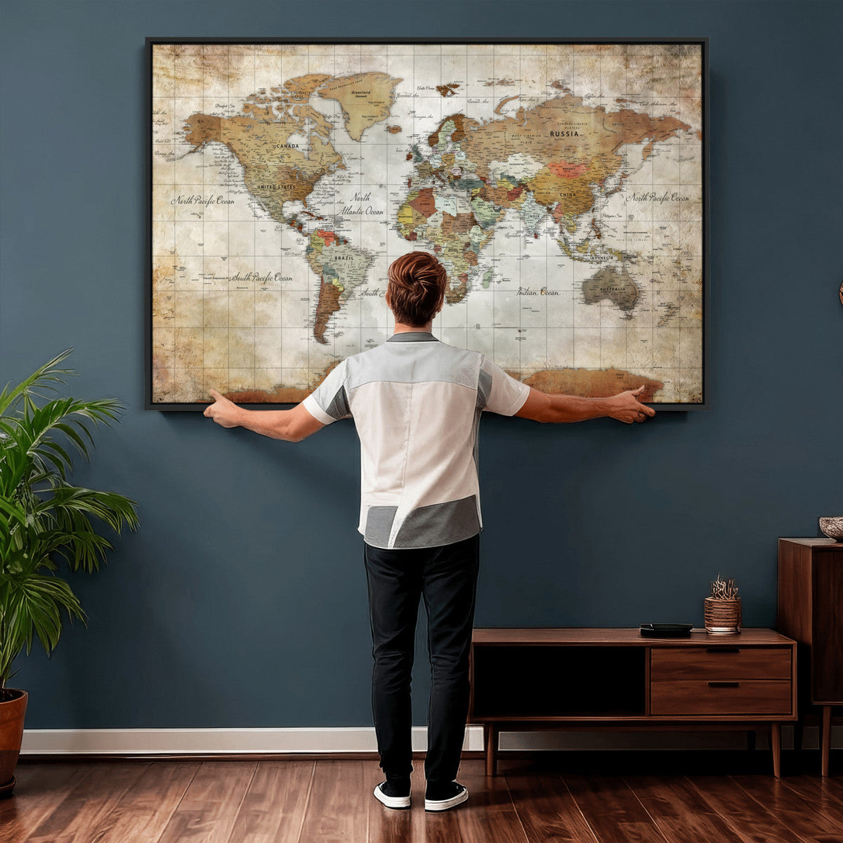 Custom Framed Modern Push Pin World Map Wall Art, Places Visited Tracker, Home Office and Entryway Decor