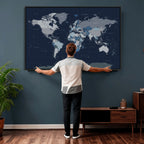 Blue Detailed World Map Wall Art Canvas Print | Modern Framed Map